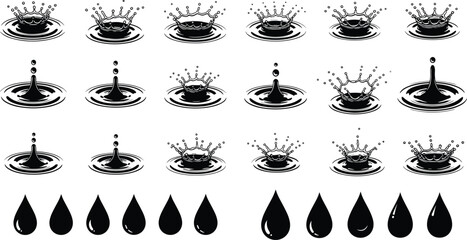 Black water splash vector set with ripples, droplets, liquid impact silhouettes, dynamic splash elements, clean minimal fluid illustration design