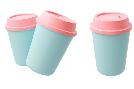 Coffee cup reusable travel mug 3D cartoon illustration beverage drink morning energy eco design, PNG with transparent background