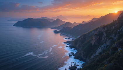 Aerial view of mountains meeting the ocean at sunset light