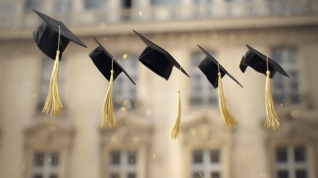 Academic caps suspended in air with golden tassels, evoking graduation pride and achievement. event programs, museum guides, designed for cultural heritage projects and event programs.