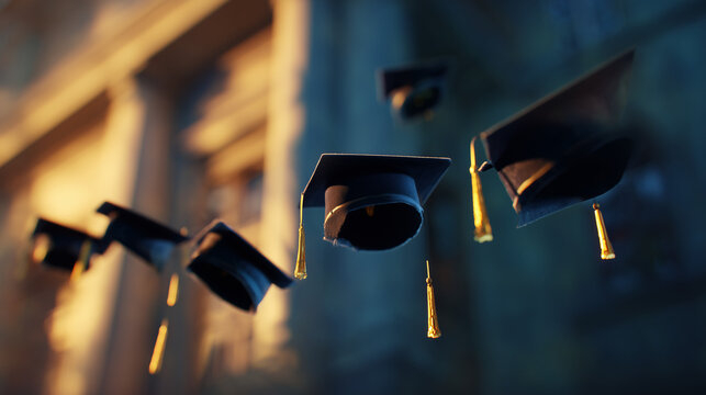 Academic caps suspended in air with golden tassels, evoking graduation pride and achievement. event programs, museum guides, designed for cultural heritage projects and event programs.