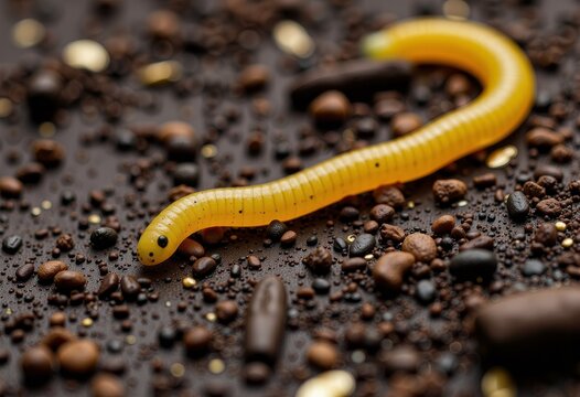 Close-Up of a Vibrant Yellow Worm Crawling on a Soil Surface with Rocks and Pebbles in a Natural Garden Setting