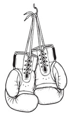 hand drawn vector of a pair of boxing gloves hanging on the wall on an isolated white background