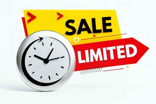 Urgency of limited time sale event with a clock and bright sale signs indicating discounts and promotions