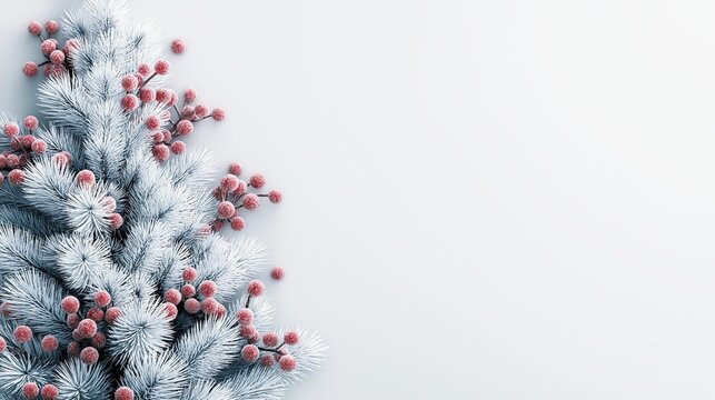 Frosty winter composition with white pine branches and red berries on light background, Christmas card or banner template for New Year