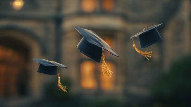 Academic caps suspended in air with golden tassels, evoking graduation pride and achievement. event programs, museum guides, designed for cultural heritage projects and event programs.