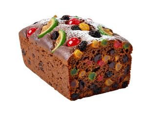 Traditional Christmas fruit cake loaf decorated with glazed fruit, isolated on white background.