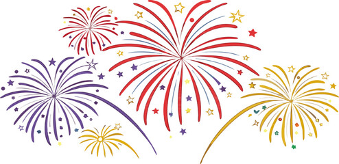 Vector illustration of vibrant fireworks bursting in colorful displays, isolated on a transparent background.