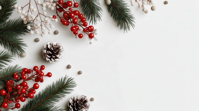Christmas composition with white background red berries and pine branches on left side of photo, mockup banner template for web design