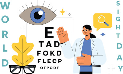 World Sight Day eye care illustration with optometrist, eye chart, glasses, vision test, healthcare awareness design for medical campaigns promotion