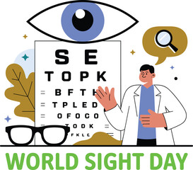 World Sight Day eye care illustration with optometrist, eye chart, glasses, vision test, healthcare awareness design for medical campaigns promotion