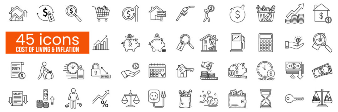 Modern collection of vector line icons depicting the rising cost of living and inflation, showcasing financial burdens, economic challenges, and money management for personal finance planning