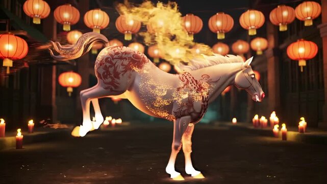 Mythical white horse with red floral patterns rises from flames in a lantern lit Asian street, surrounded by glowing candles. Dynamic fantasy scene inspired by Chinese New Year celebration.