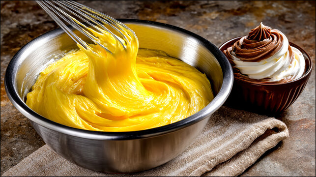 Yellow cake batter in metal bowl with whisk and chocolate frosting cup
