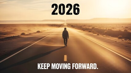 Person walking on desert road towards 2026 with motivational message