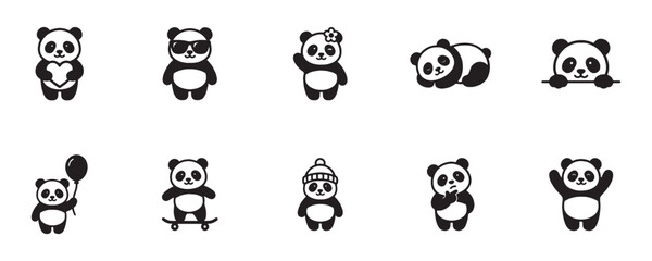 Cute Panda Icon Set. Vector collection of funny cartoon bear silhouettes in various poses