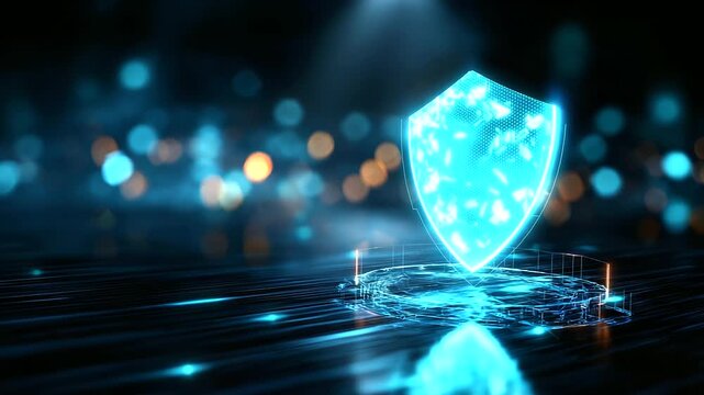Futuristic shield hologram with hexagon pattern, defocused data streams, cybersecurity technology concept, digital protection visualization, network defense system, information saf