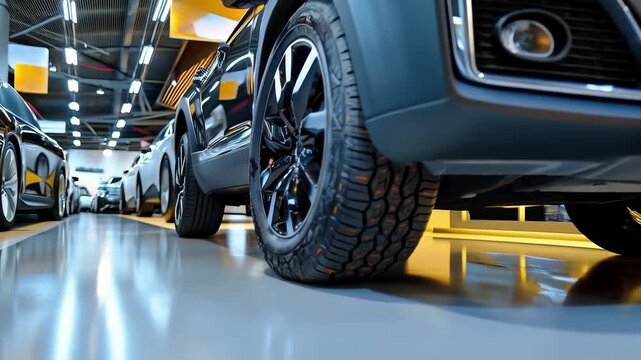 A close-up of a car wheel with a clear tread pattern emphasises the reliability of the vehicle &mdash; a suitable background for reviews of car accessories and technical maintenance.
