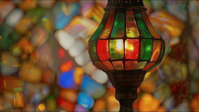 A glowing stained-glass lamp casts warm, colorful light against a vibrant, blurred mosaic background, creating a magical, bokeh-filled ambiance.