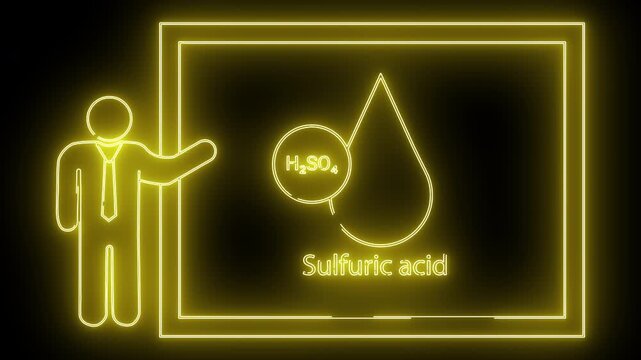 Yellow neon art a person presents sulfuric acid on a board with its formula H2SO4 beside a droplet shape