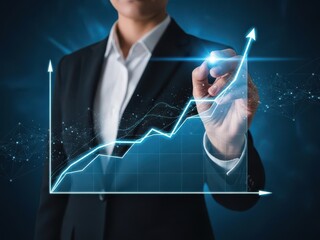 Business person drawing a rising financial graph isolated on white background