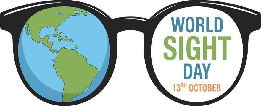 World Sight Day illustration with eyeglasses, globe reflection, vision awareness design, eye health campaign graphic, global eyesight protection concept for October event
