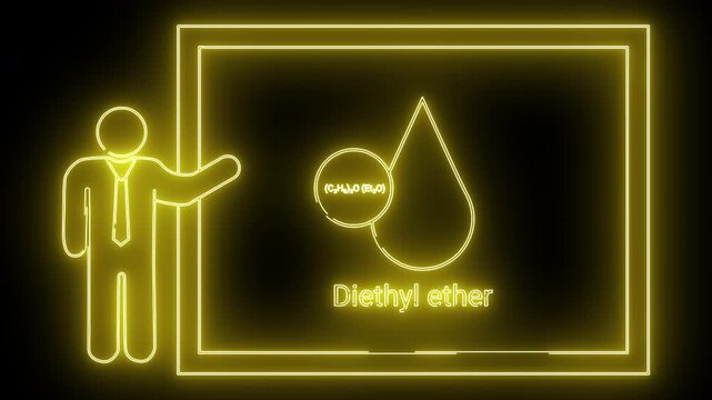 Neon yellow drawing of a figure presenting diethyl ether formula on a board against a black backdrop