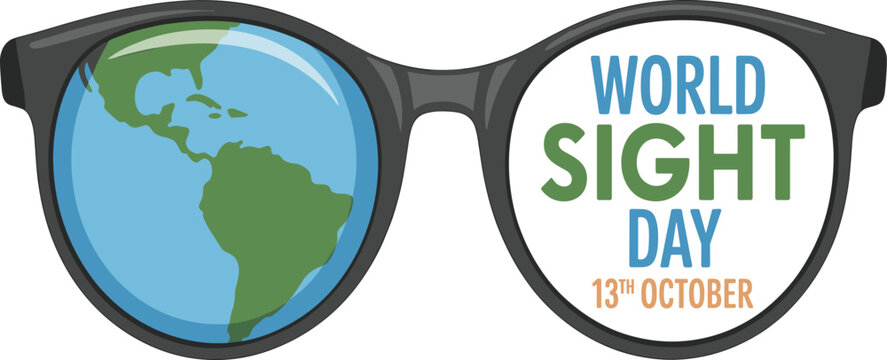 World Sight Day illustration with eyeglasses, globe reflection, vision awareness design, eye health campaign graphic, global eyesight protection concept for October event