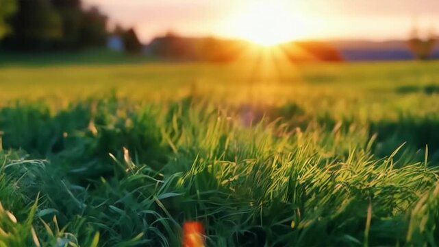 Green grass illuminated by the setting sun conveys the harmony of nature, perfectly complementing ecological projects or serving as a background for meditative applications.
