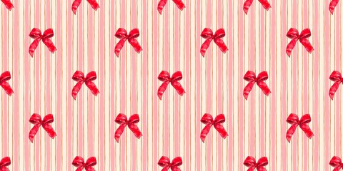 seamless pattern with ribbon red bows hand drawn on pink striped background Christmas ornaments event wrapping paper or fabric watercolor vintage