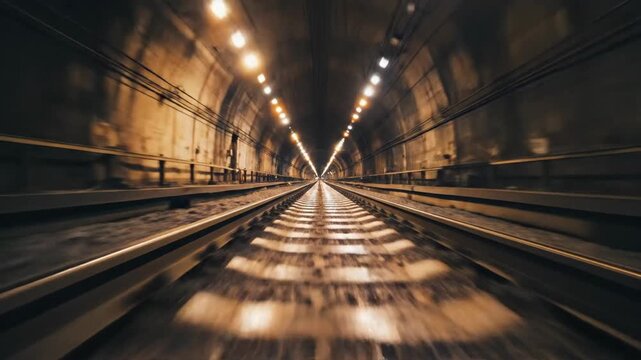 A perspective of the railway tracks going into the dark tunnel, lit by overhead lights