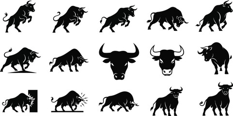 Collection of black bull silhouettes in various poses and headshots
