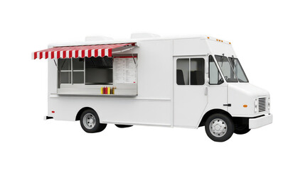 White food truck with red and white awning isolated on transparent background