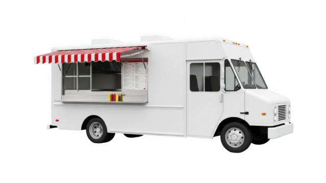 White food truck with red and white awning isolated on transparent background