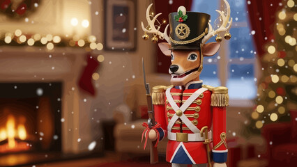 Festive Christmas Nutcracker Deer Ready for Holiday Cheer in Cozy Home with Fireplace and Tree, Perfect for Seasonal Greetings and Family Celebrations