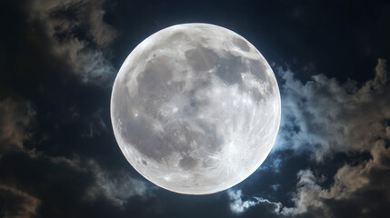 Dramatic night sky featuring a full moon with subtle cloud details, evoking a serene celestial atmosphere. travel magazines, destination branding, designed for travel destination branding.