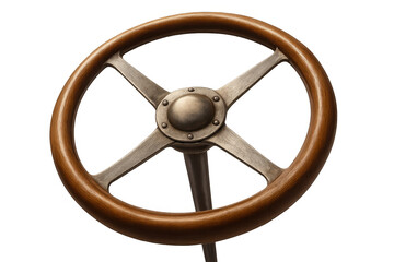 Obraz premium Vintage steering wheel featuring a polished wooden rim and aged metal spokes, representing classic car design. Transparent background