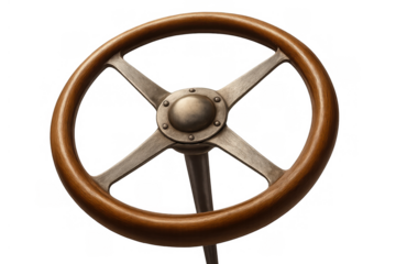 Vintage steering wheel featuring a polished wooden rim and aged metal spokes, representing classic car design. Transparent background