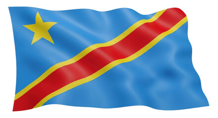 Sky blue national flag with a yellow star and a red diagonal stripe bordered in yellow, rendered as a realistic 3D fabric banner waving and fluttering with soft folds