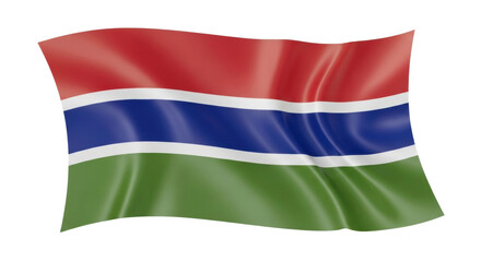 The national flag of Gambia with red, blue, and green horizontal stripes separated by thin white lines, waving gracefully in a gentle breeze with a glossy, silk-like texture
