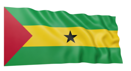 The national flag of Sao Tome and Principe with its red triangle, green and yellow stripes, and two black stars waving in a realistic 3D render with detailed fabric texture