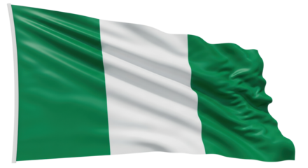 The green and white vertical striped national flag fluttering realistically in a gentle breeze, with detailed fabric texture and elegant, flowing ripples and folds