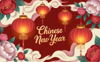 Naklejka premium Chinese New Year Lanterns and Peony Flowers red lanterns