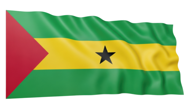 The national flag of Sao Tome and Principe with its red triangle, green and yellow stripes, and two black stars waving in a realistic 3D render with detailed fabric texture