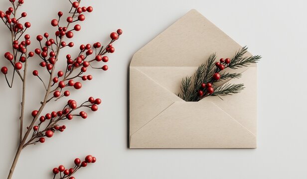 Beige envelope with red berries and green branches on white background, web banner for holiday card service - Powered by Adobe