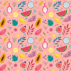 Naklejka premium Summer and spring tropical seamless pattern with tropical fruits, flowers and plants. Textile pattern with healthy food, vector illustration