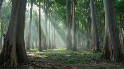 Sunlight filtering through a forest of camphor trees with visible light rays. travel magazines, destination branding, designed for travel destination branding, used by logistics managers.