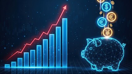 Digital piggy bank with glowing coins and upward trending bar graph symbolizing financial growth and savings