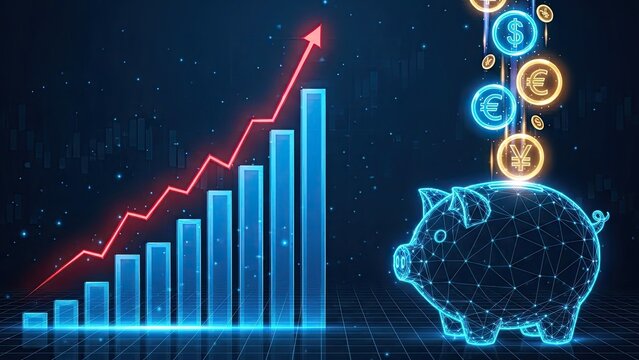 Digital piggy bank with glowing coins and upward trending bar graph symbolizing financial growth and savings