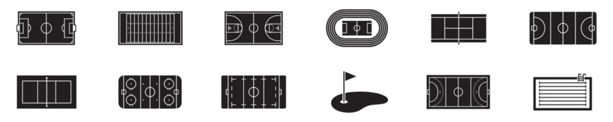 Sport field set. Soccer field topview. Tennis court topview. Isolated hockey stadium layout. Basketball field view from the top. Volleyball field view from the top. Golf field view from the top.  © Jeremy_Show